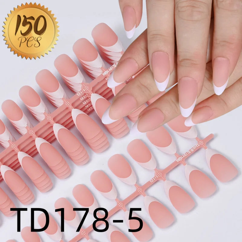 150pcs French White Edge Wearing Nail Pink Fake Nail Piece Full Sticker Matte Manicure Ultra thin White Qme TD178-5