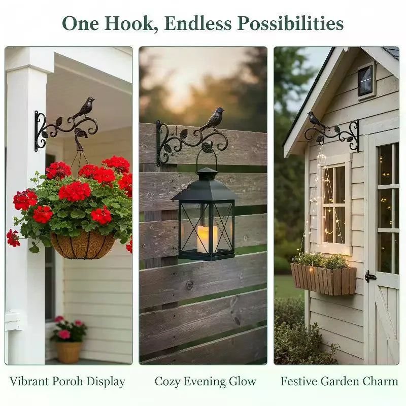 Wrought Iron Hanging Plant Brackets With Decorative Bird And Leaf Design Perfect For Outdoor Patio Balcony Garden Wall Use Qme