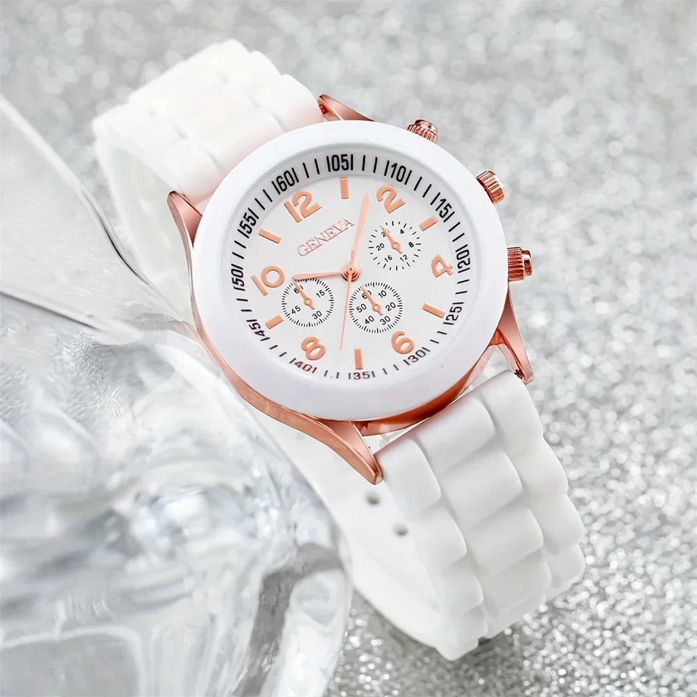 2pcs Geneva Silicone Watch Fashionable and Beautiful Colored Jelly Student Sports Women's Sports Watch Qme