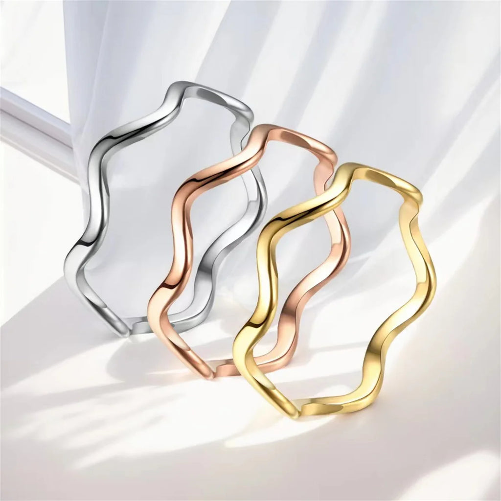 Fashion Simple Wave Ring Stainless Steel Women‘s Vintage Geometric Line Finger Rings Wedding Jewelry Gift for Lover Couple New Qme