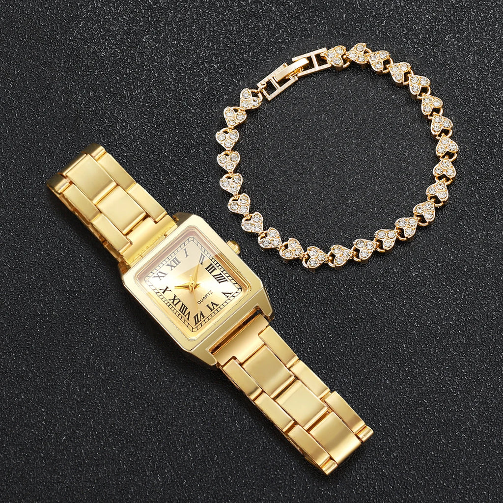 Luxury Gold Tone Women Square Quartz Watch Heart Shaped Crystal Qme
