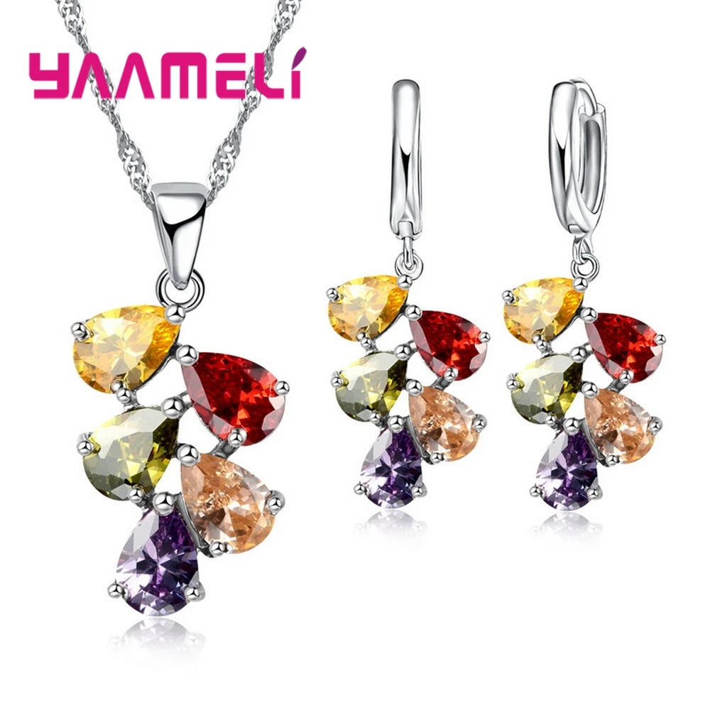 Anniversary Gift For Women Trendy 925 Sterling Silver Color Jewelry Sets Cubic Zirconia Pendants Necklaces Charm Hoop Earrings Qme