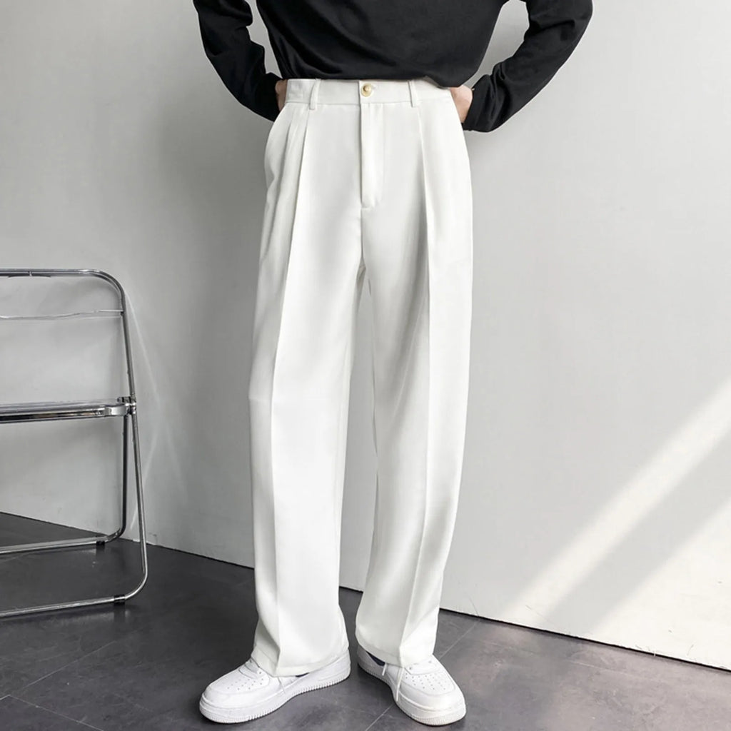 Men's Business Casual Fashion Loose Solid Color Drape Straight Trousers Classic Commuting Simple And Versatile Pocket Long Pants Qme White 38