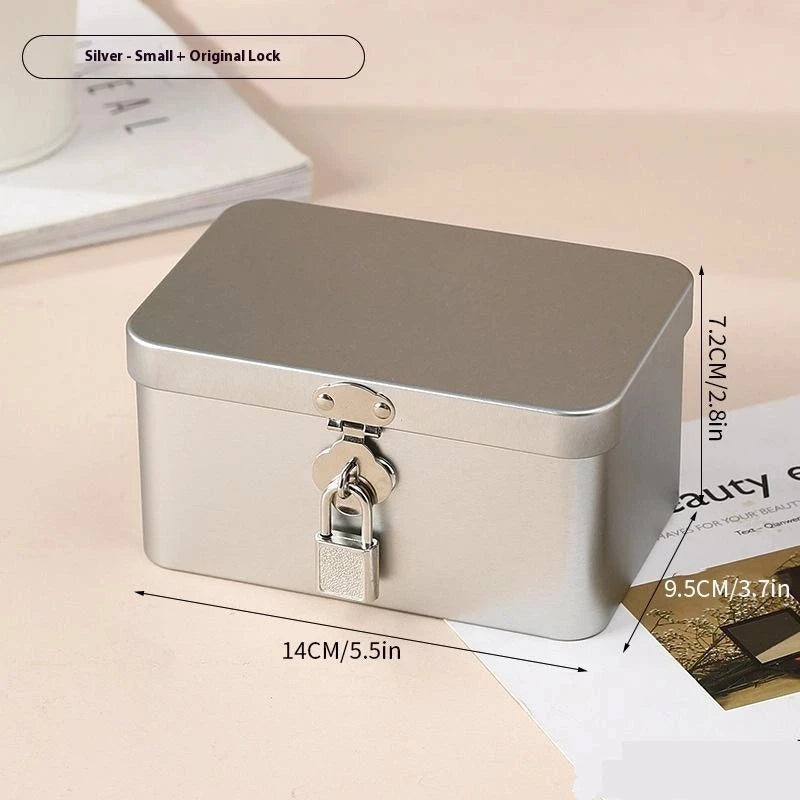 Silver Lockable Tin Storage Box Multifunctional Desktop Metal Jewelry Qme A3