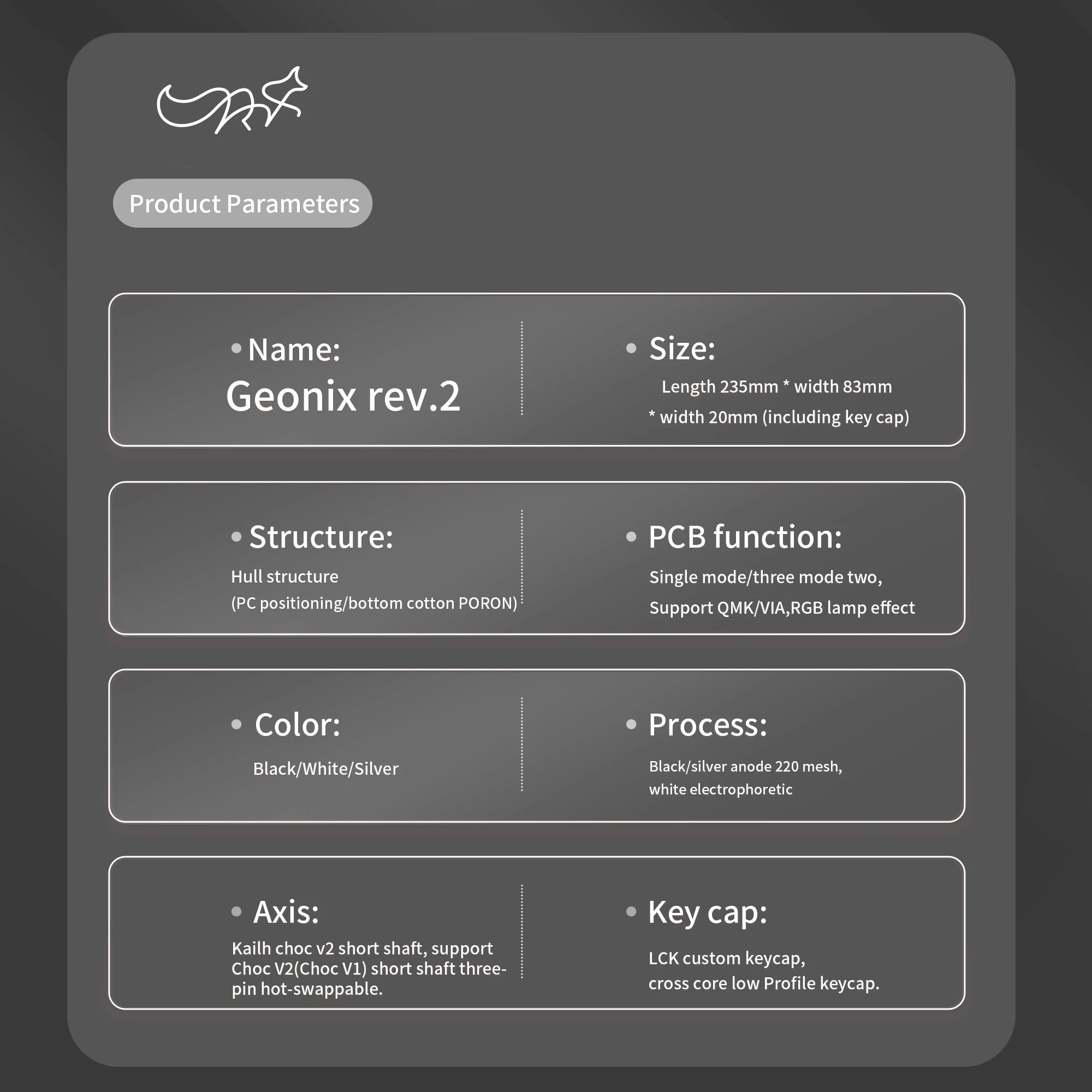 Chosfox Geonix48 Rev.2 Low Profile Keyboard Three Mode Portable Mechanical Keyboard Kit Support QMK/VIA For MX and Choc Switch Qme