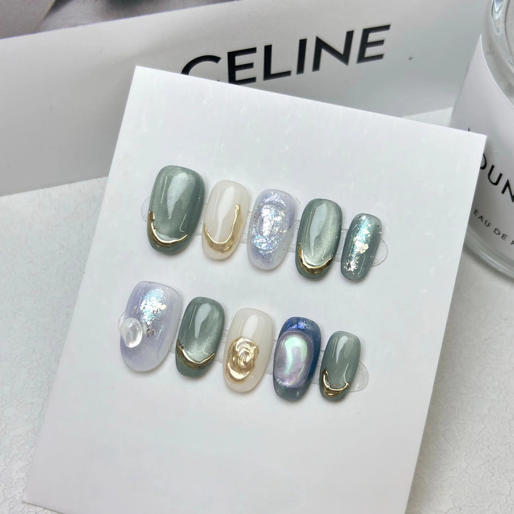 Bag Dreamy Blue Press-on Nails Handmade Short Oval Shape Ombre Qme GJ-CDJ-ZB43-M