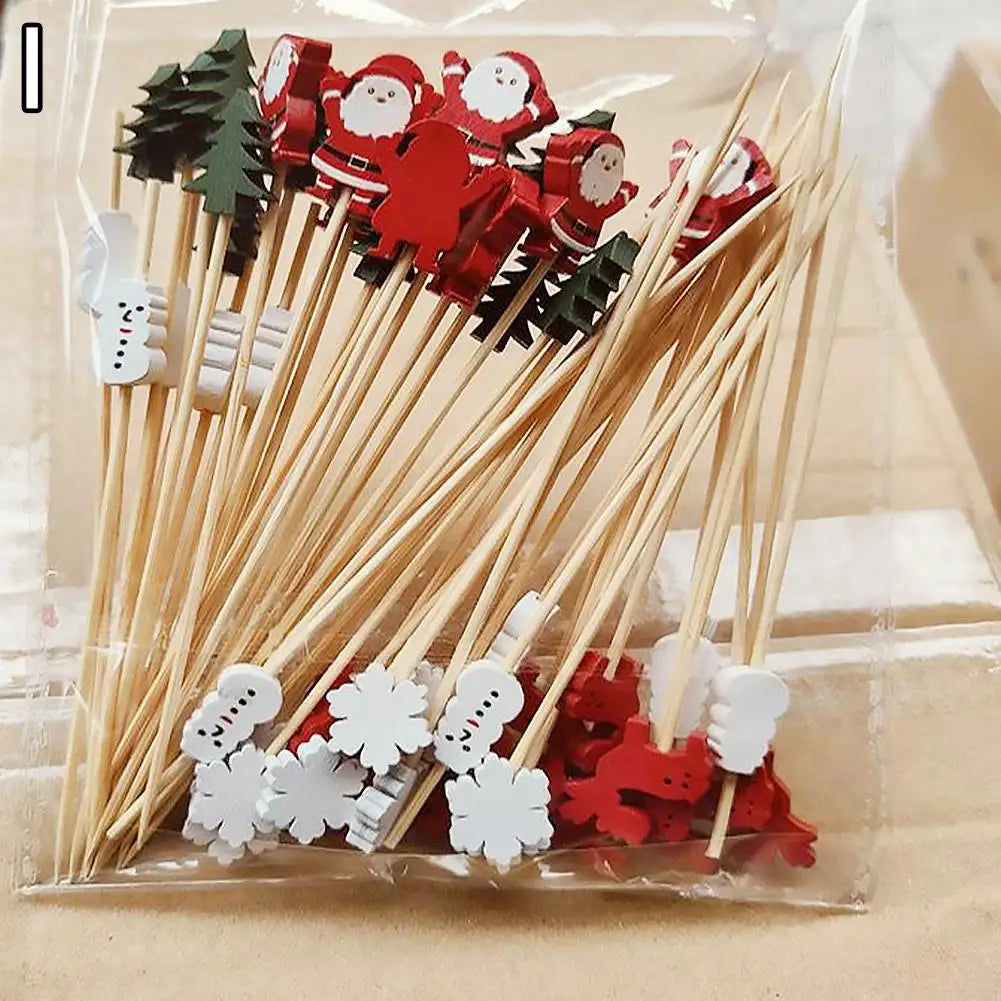 50Pcs/set Christmas Fruit Sticks Disposable Bamboo Sticks Snowflake Christmas Tree Elk Santa Claus Snowman Sticks Xmas Ornaments Qme mixed load