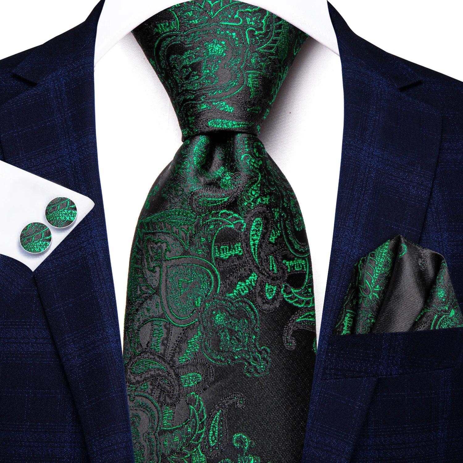 Hi-tie Paisley Dark Green Black Mens Elegant Necktie Handkerchief