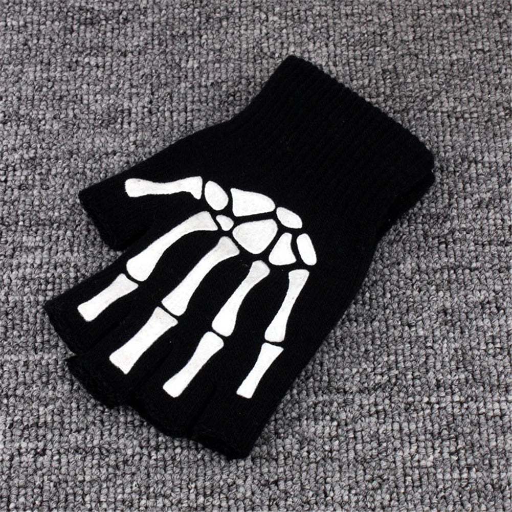 1Pair Punk Gloves Unisex Halloween Skeleton Skull Half Finger Gloves Glow In The Dark Fingerless Stretch Knitted Winter Mittens Qme