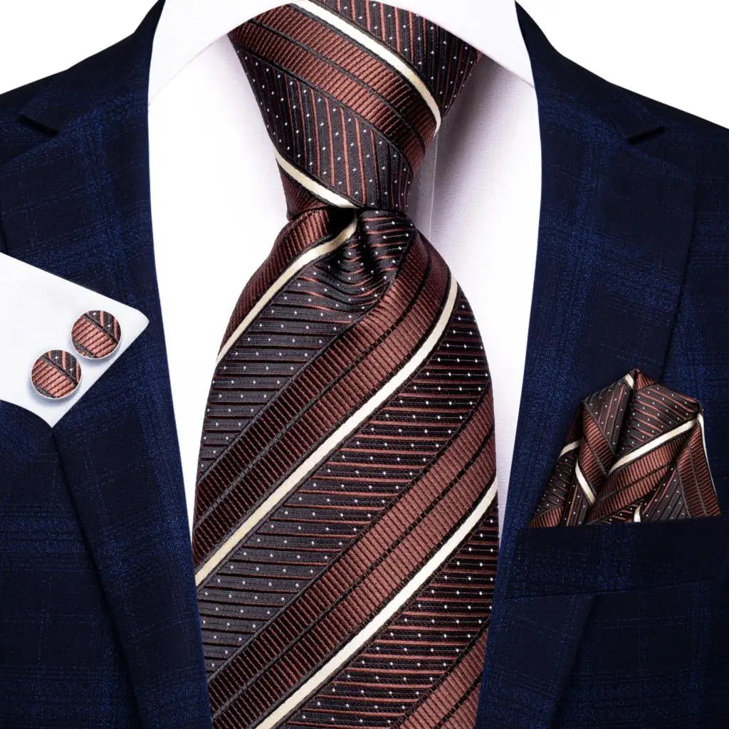 Hi-Tie Paisley Brown Tie For Men Elegant Mens Necktie Pocket Square Cufflink Groom Wedding Accessory Wholesale New Designer Qme 1N-3472