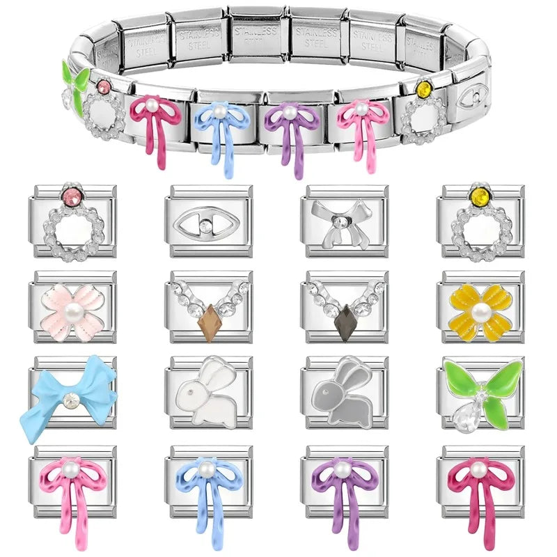 1Pcs 9×10mm Colorful Bowknots Pearl Italian Stainless Steel Charm Beads For Women Bracelet Jewelry Manufacturing Accessories Qme