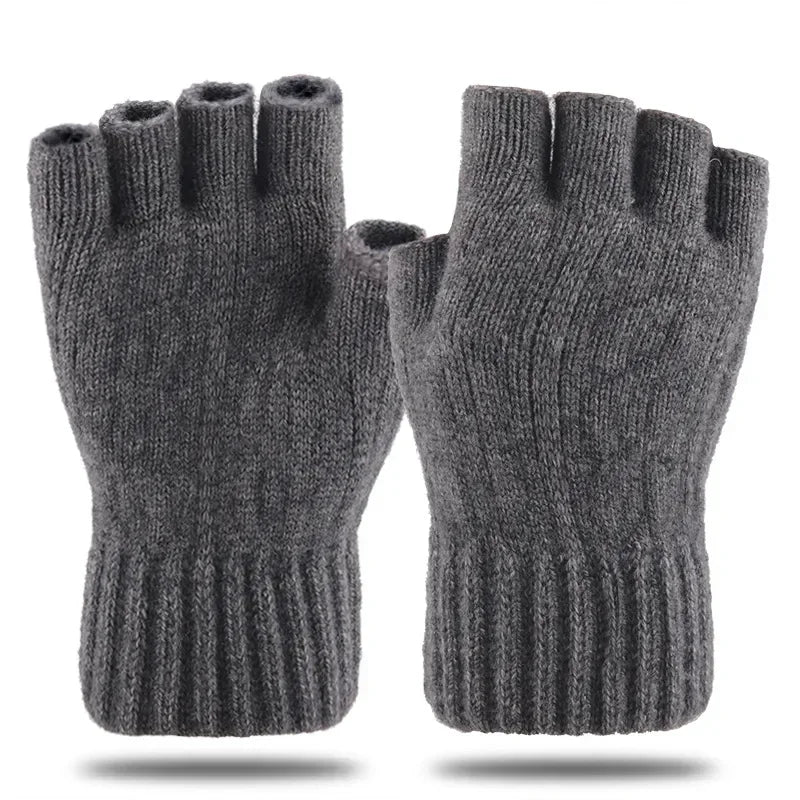 Winter Gloves Men Half Finger Writting Office Cycling Knitted Qme Dark Grey One Size