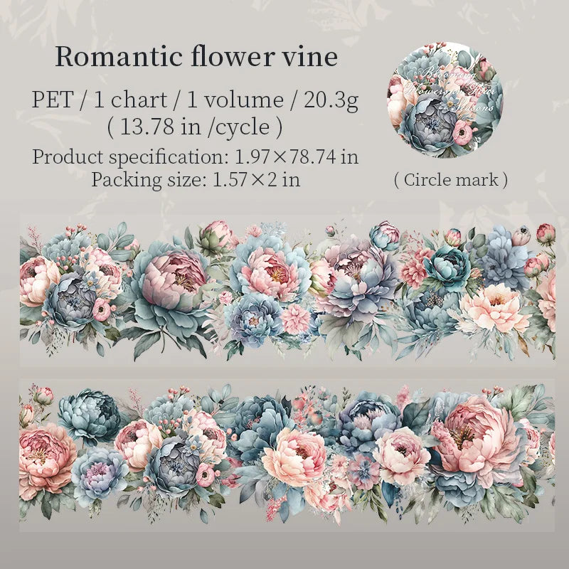 PET Tape flower Pattern Self-Adhesive Tape Sticker Decorative Masking Tape DIY Craft Decorative Tape For Scrapbooking Decoration Qme E