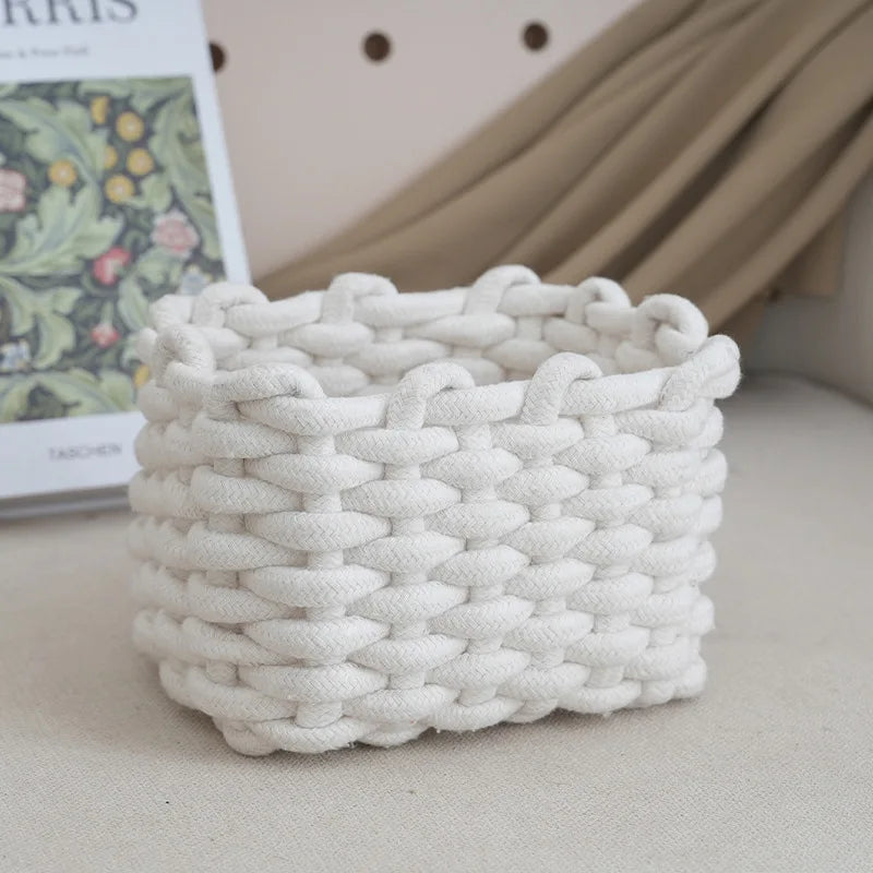 Artisanal Cotton Rope Storage Basket Bohemian Desktop Organizer Qme white M