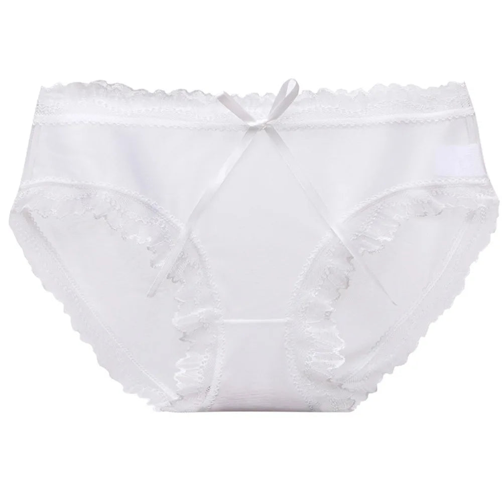 Sweet Low Waist Lace Panties Bow Cotton Crotch Mesh Briefs Ice Silk Qme White L 1pc