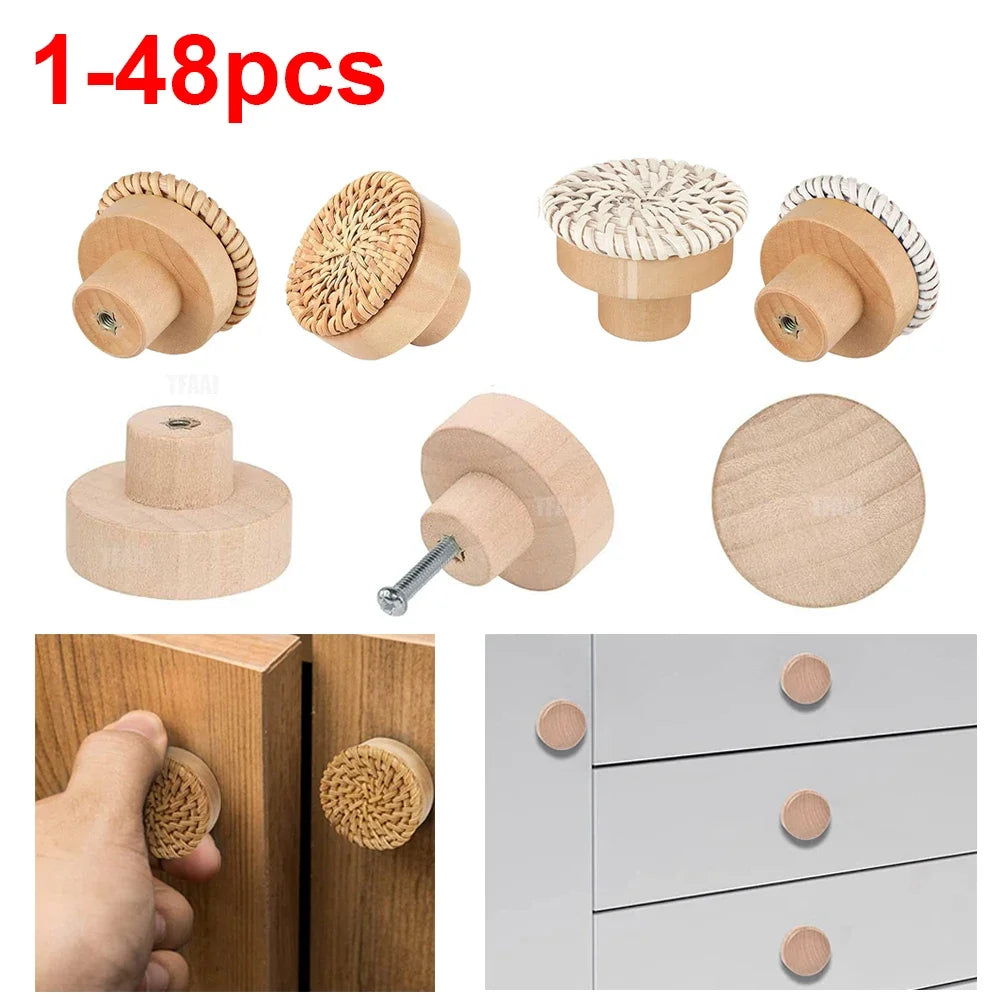 1-48pcs Wood Cabinet Pulls Nordic Round Wooden Cupboard Wardrobe Drawer Pulls DIY Natural Solid Closet Handles with Screws Qme