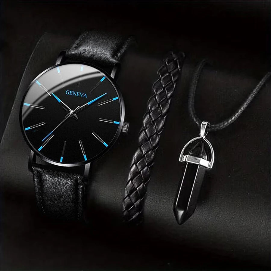 Luxury Geneva Multifunctional Chronograph Men Watch & Black Obsidian Lion Crown Bead Bracelet 2 In 1 Male Accessory Gift Set Qme C Set No Box