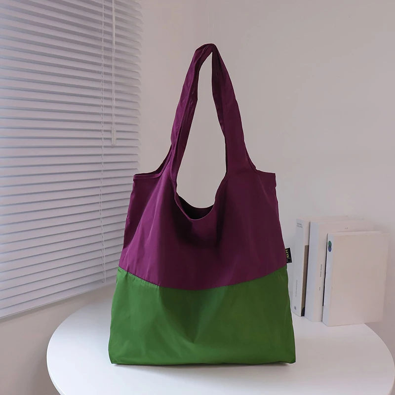 Color-block Patchwork Foldable Shopping Bag Eco-friendly Large Capacity Portable Waterproof Shoulder Bag Qme Purple one size