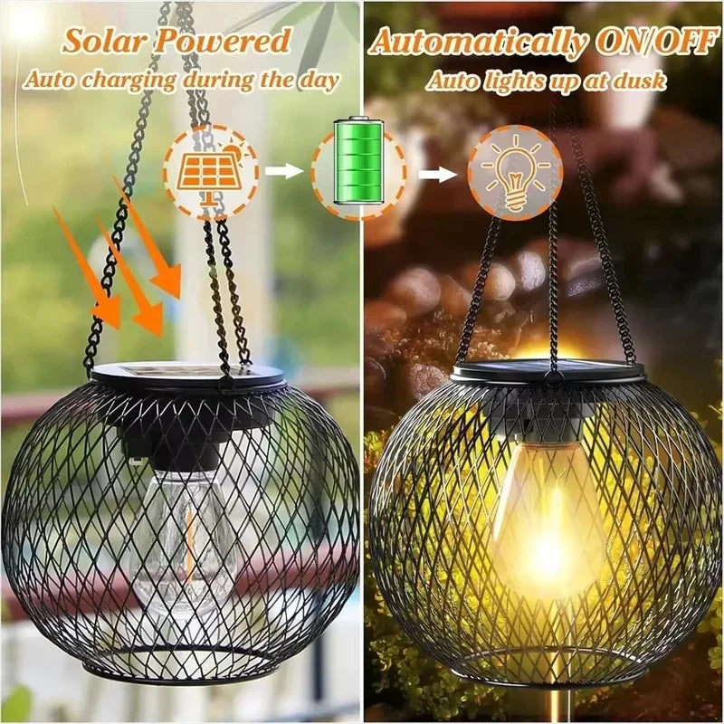 Solar wrought iron lantern lamp retro net chandelier outdoor garden decoration hollow lantern Qme
