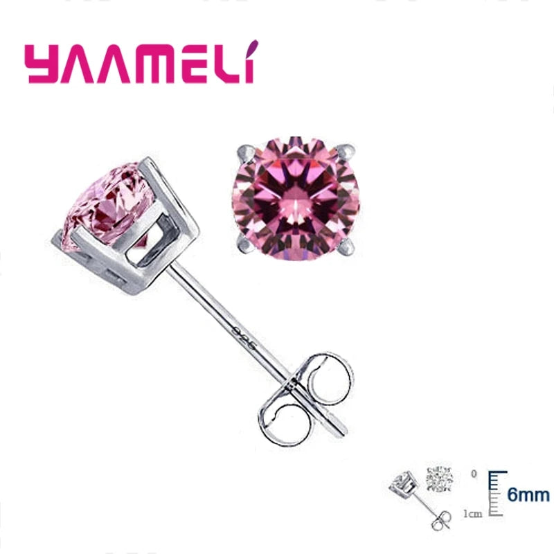 Classic CZ Crystal Stud Earrings 925 Sterling Silver Color for Women Men Unisex Gift AAA Cubic Zircon Wedding Party Jewelry Qme Pink