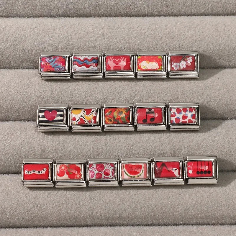 Wholesale Red Color Series Pomegranate Strawberry Love Italian Link Fit 9mm Stainless Steel Bracelet Making DIY Charm Jewelrys Qme