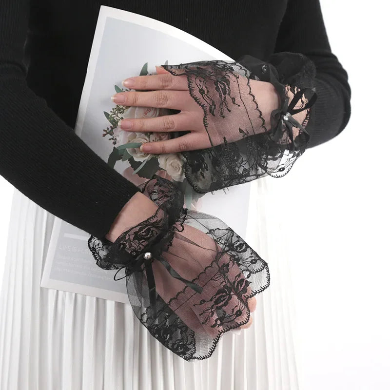 Women Gothic Lace Mesh Stretch Horn Cuffs Gloves Ruffled Detachable Fake Sleeves Wedding Party Sunshade Decorative Wrist Warmer Qme