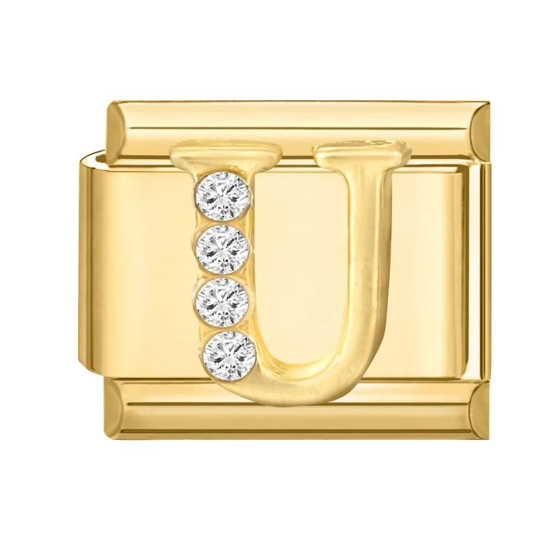 Wholesale Shiny CZ 26 Letters A-Z Gold Color Italian Charms Gold Plated 9mm Stainless Steel Modular Bracelet DIY Jewelry Gift Qme U