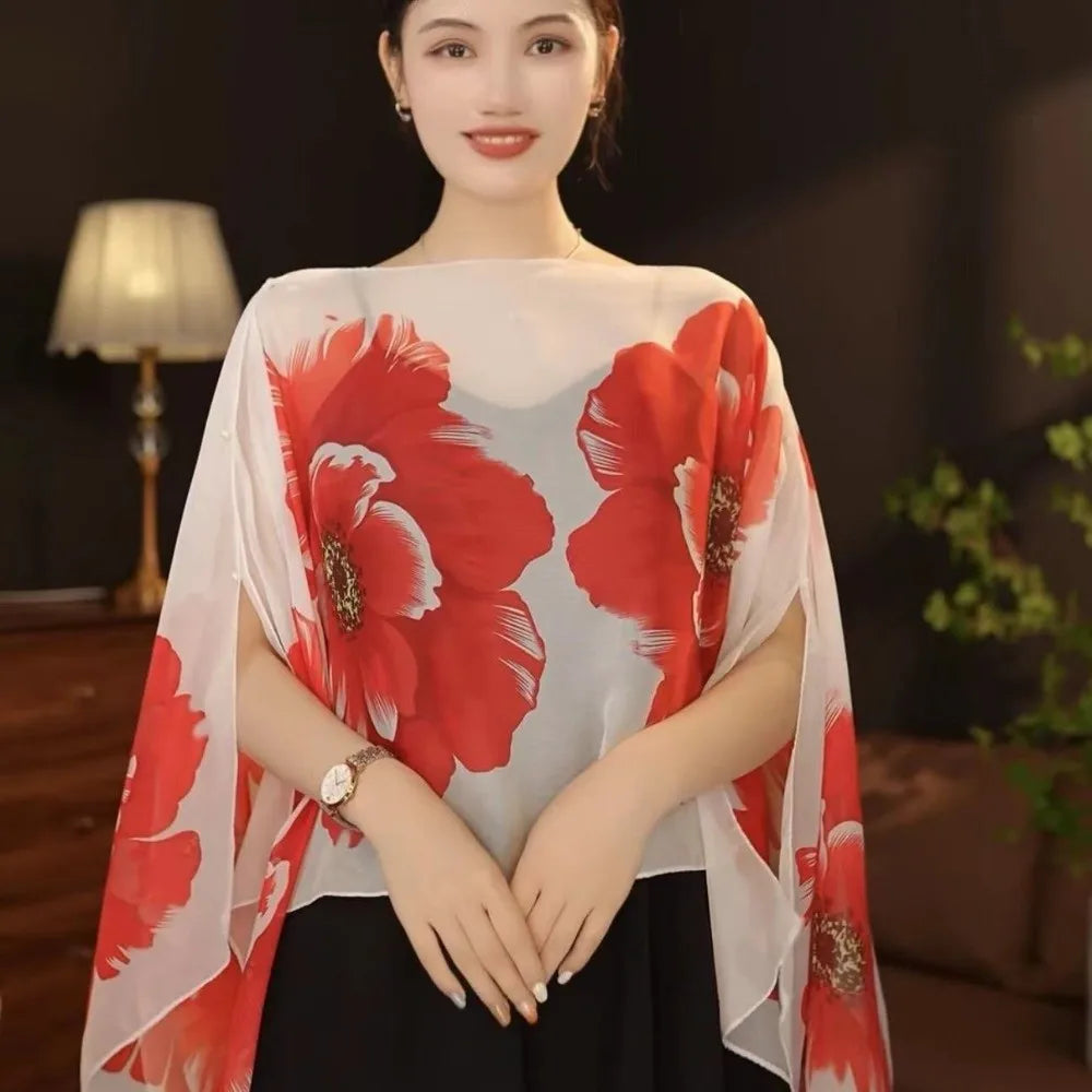 Multifuctional Breathable Shawl Flower Pattern Long Length Sun Protection Shawl Lightweight Breathable Fabric Chiffon Scarf Qme Style C