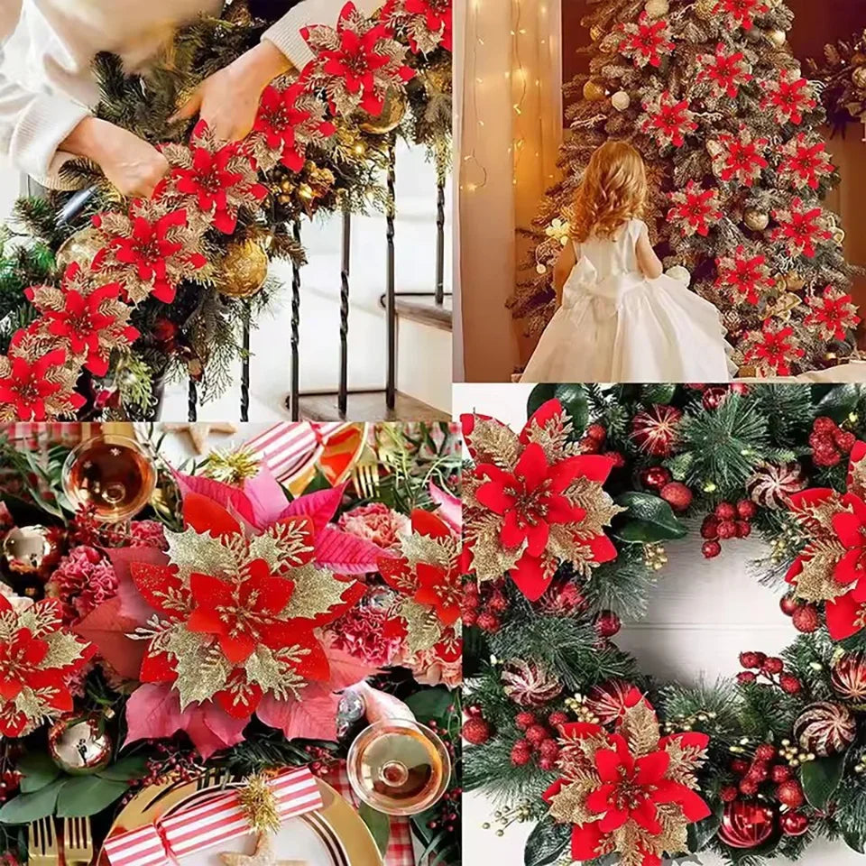 10pcs Glitter Christmas Artificial Flowers Christmas Tree Hanging Ornaments Fake Flower for Home 2025 Xmas New Year Navidad Gift Qme