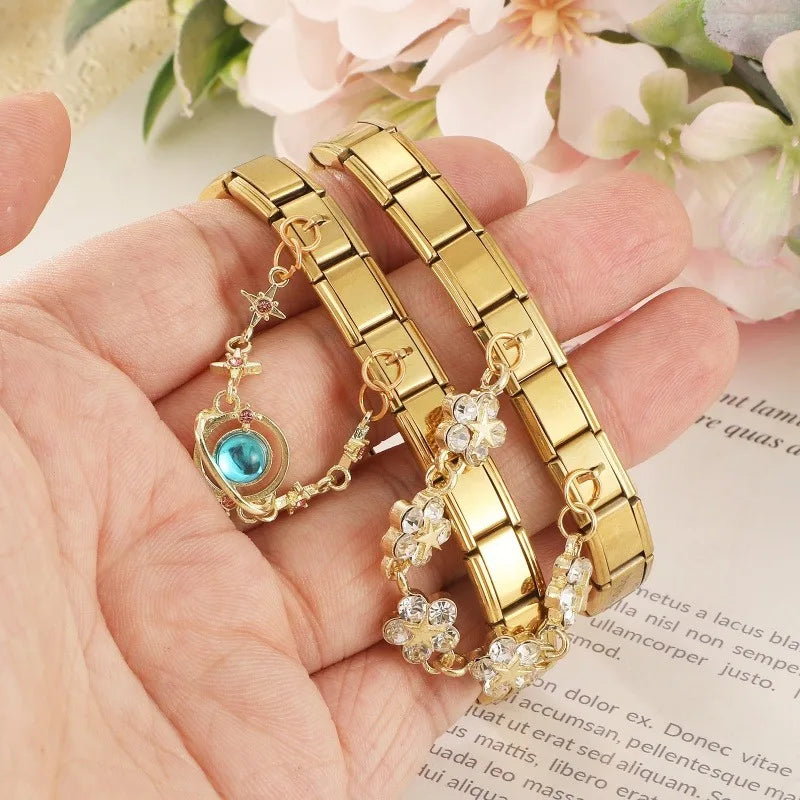 Retro Pearl Stars Moon Shiny Zircon Gold Color Chain Tassel Italian Charm Link Fit 9MM Stainless Steel Bracelet Women DIY Making Qme