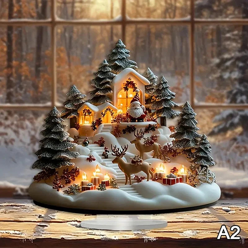 2D Flat Acrylic Christmas Desk Decor Base Snowman House Rotating Qme A2