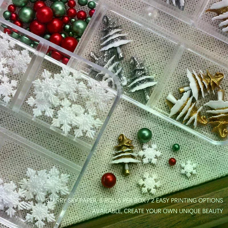 6 Grids Box Christmas Red Green Bead Snowflake Nail Rhinestone Mixed Qme