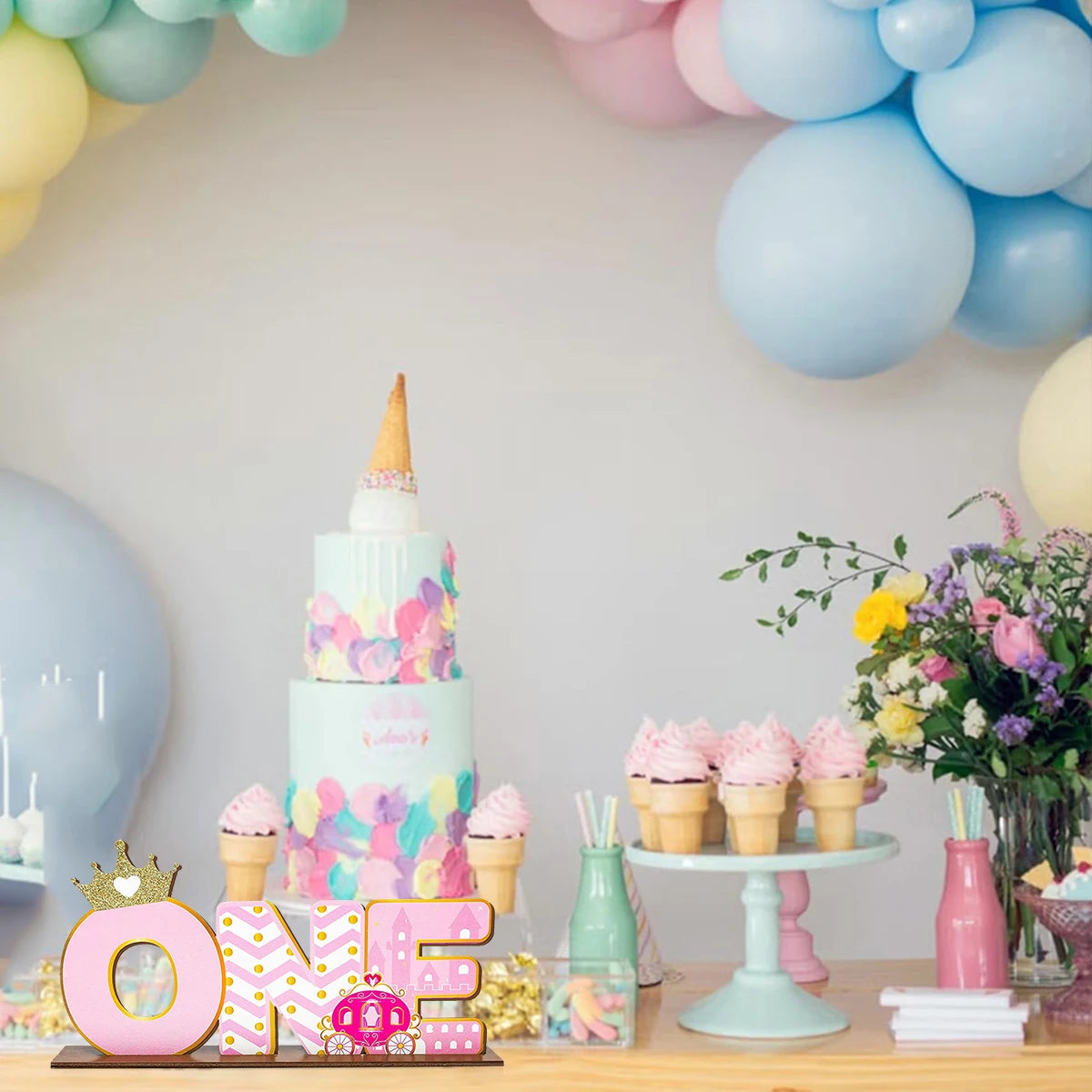 1SET 2D Pink Princess Style "ONE" Letter Wooden Desktop Decoration, Crown Carriage Castle Pattern, Warm Birthday Desktop Gift Qme