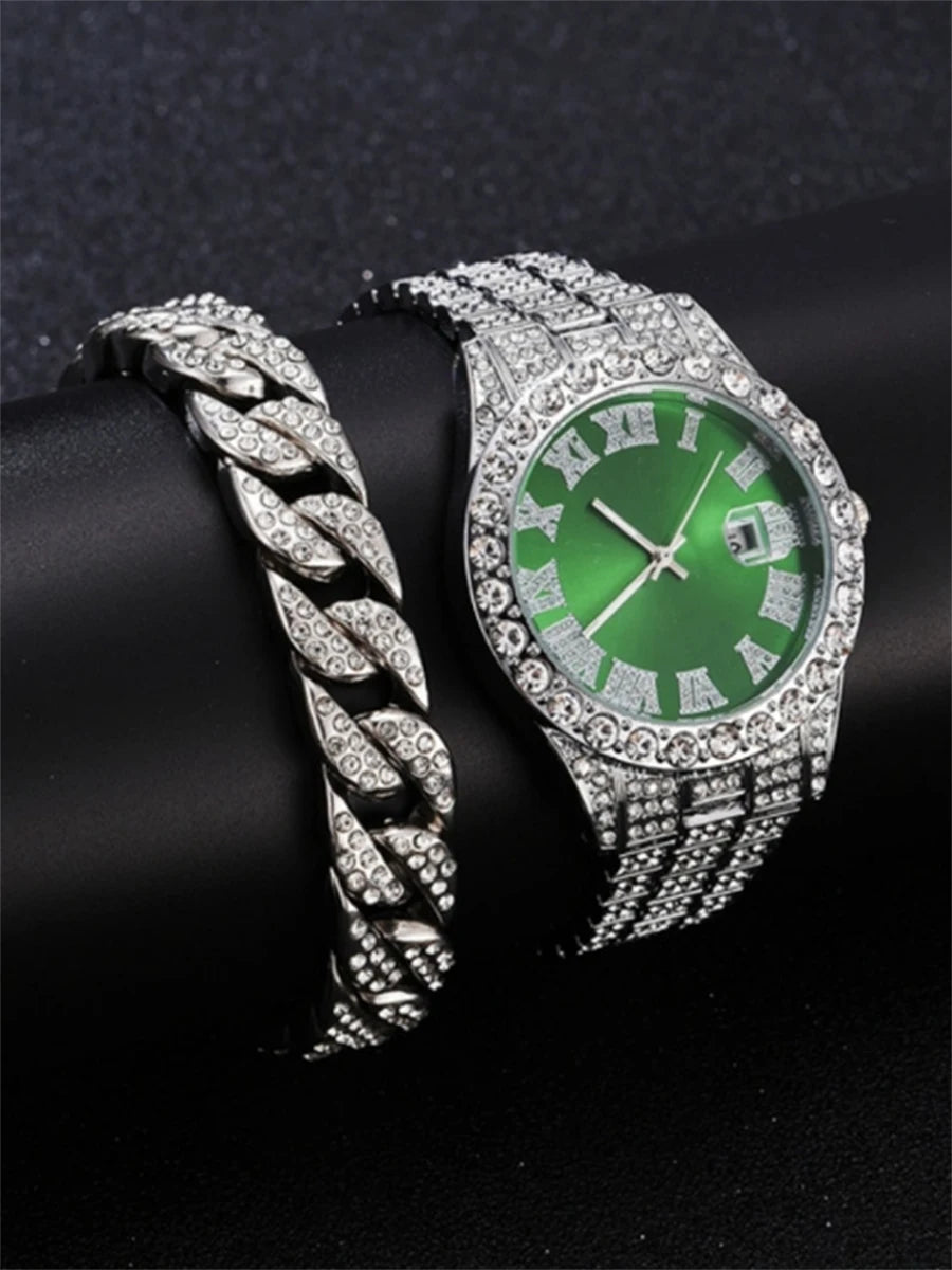 Hip Hop Watch Male Watch Luxury Water Proof Brand Watches Stainless Steel Round Clock Men Quartz Wristwatches Gift Boyfriend Qme silver green set