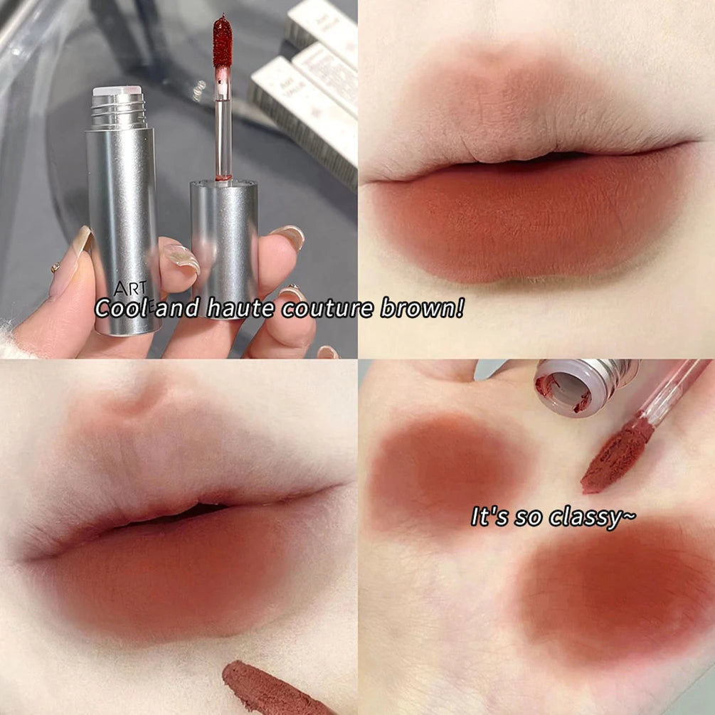 Silver Tube Lip Gloss 6 Colors Nude Matte Lipstick Waterproof Long Lasting Women Red Lip Tint Mud Velvet Lip Glaze Cosmetics Qme 06