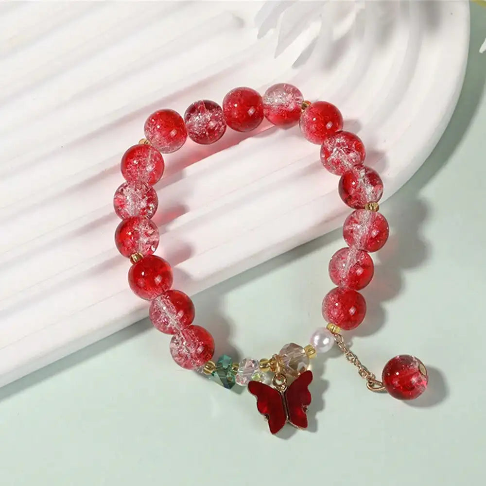 Handmade Beaded Bracelet Glass Crackle Crystal Pearl Butterfly Decor Qme red