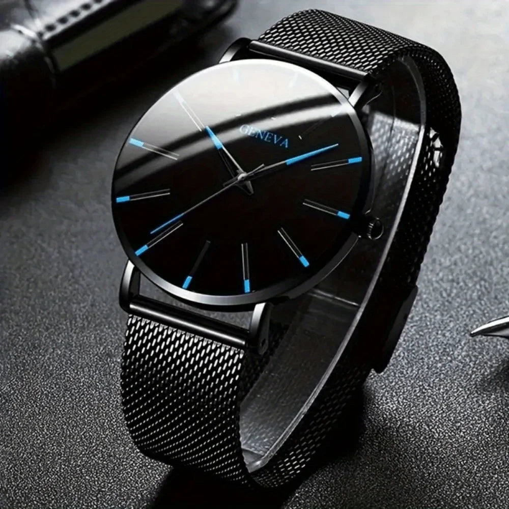 5pcs/set Fashion Men's Quartz Watch Set Classic Pointer Design Alloy Mesh Strap Watch Necklace Bracelet Ring Ideal Gift for Men Qme