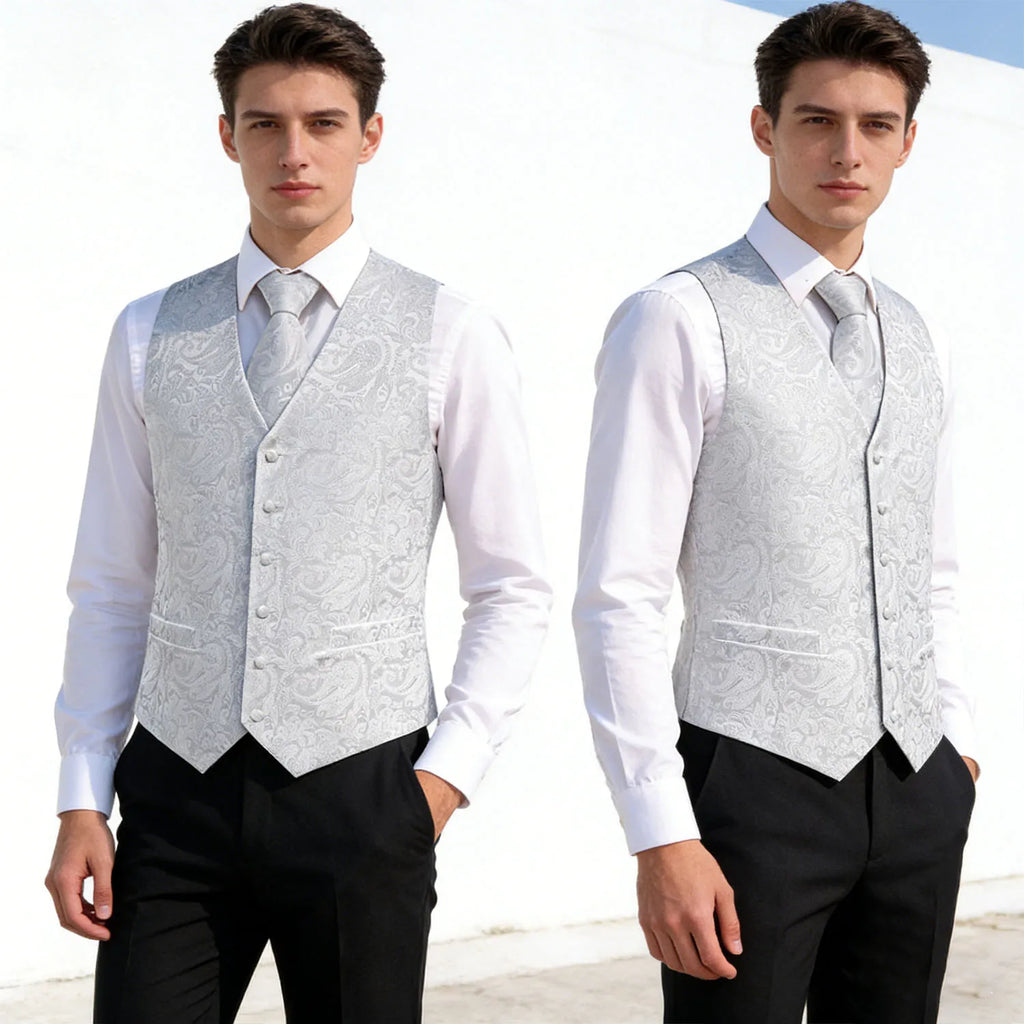 Men's Floral Vest Tie Hanky Cufflinks Formal Biege Grey White Qme