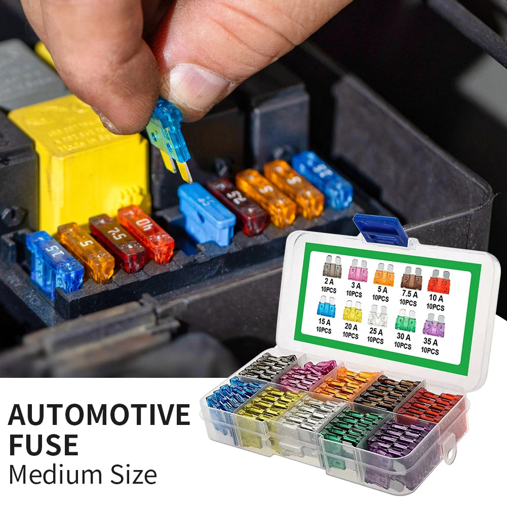 Blade Type Fuse Set 100Pcs Car Fuses 2A 3A 5A 7.5A 10A 10 Types 15A 20A 25A 30A 35A Car Fuse Assortment with Box Qme