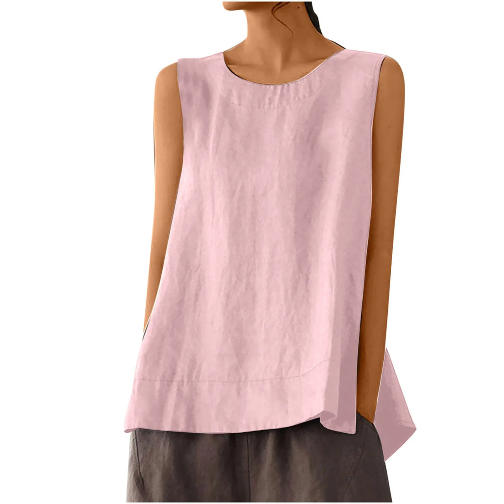 Female Summer Oversized Solid Color Retro Casual Cotton Linen Solid Color Sleeveless Round Neck Soft And Breathable Top Vest Qme