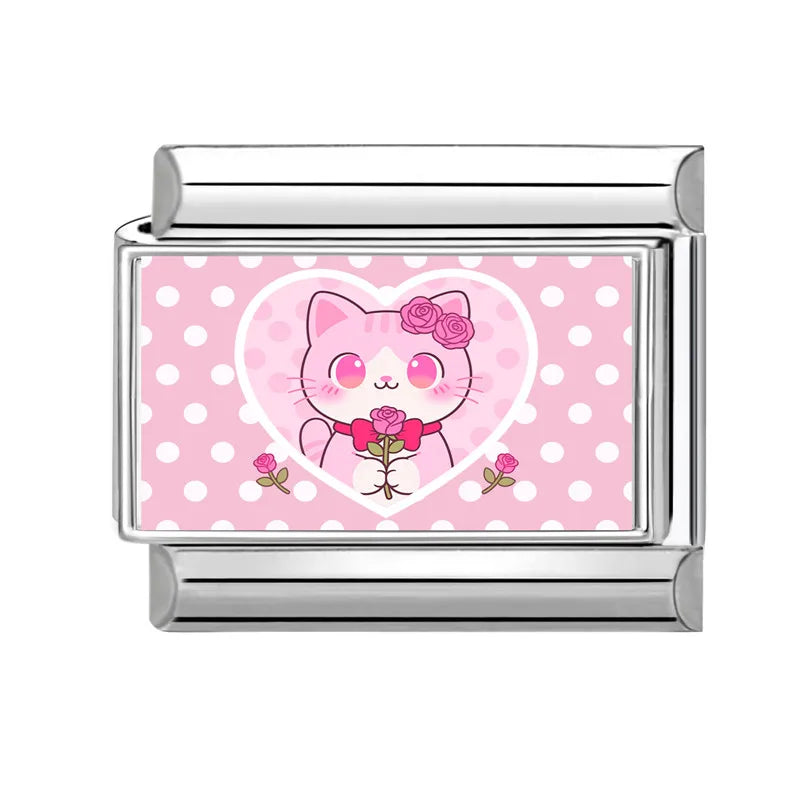 2025 Cute Rabbit Cats Heart Flowers Italian Charm Link Fit Stainless