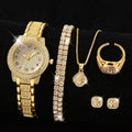 Golden Watch Women Ring Necklace Earrings Rhinestone Fashion Wristwatch Female Casual Ladies Watches Bracelet Set Clock Qme Coffee