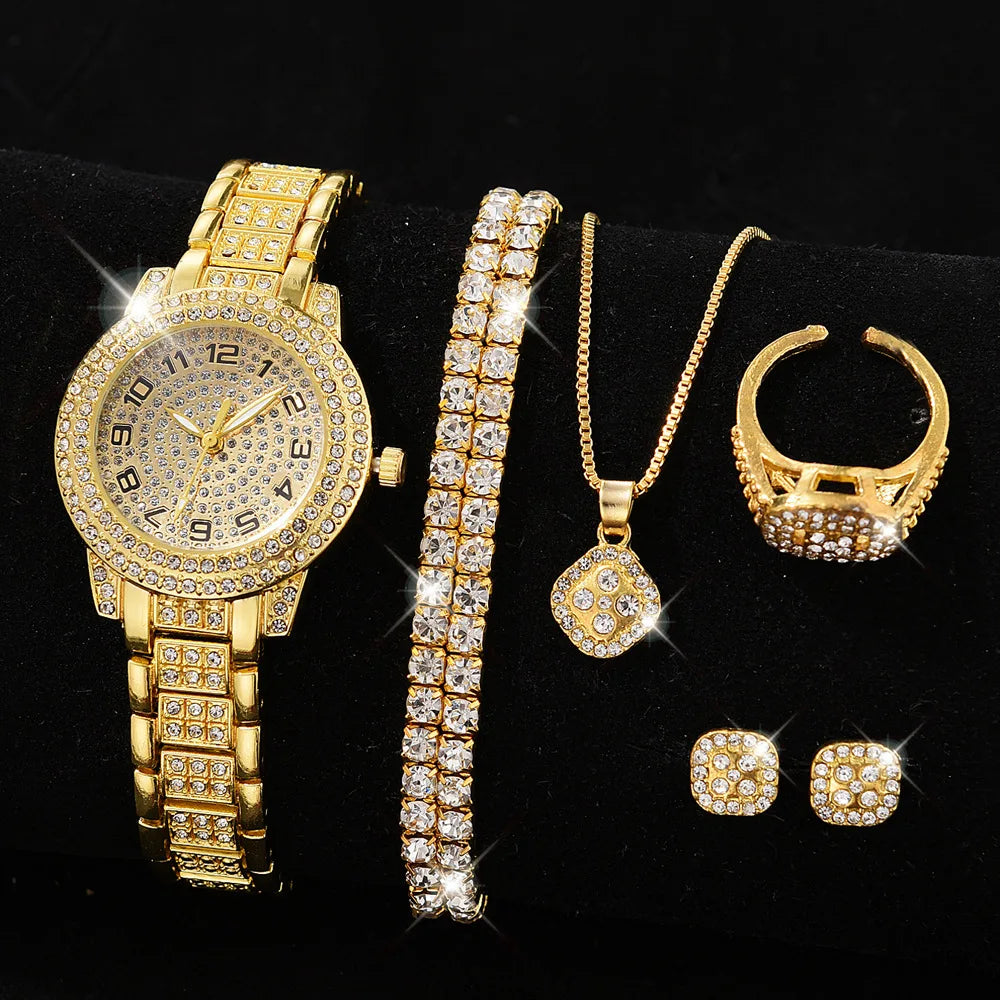 Golden Watch Women Ring Necklace Earrings Rhinestone Fashion Wristwatch Female Casual Ladies Watches Bracelet Set Clock Qme Coffee