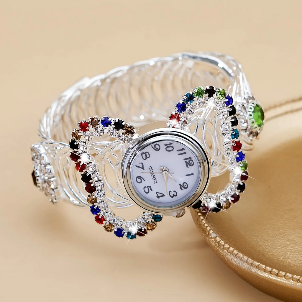 Women's Watch Baroque Rhinestone Quartz Cuff Bangle Watch Butterfly Shaped Analog Party Dress Wrist Watch Qme silver