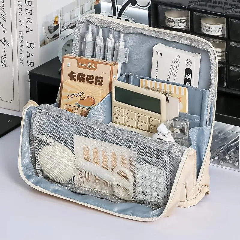 Student Stationery Bag Looking Large Capacity Pencil Case Simple Box Qme Beige