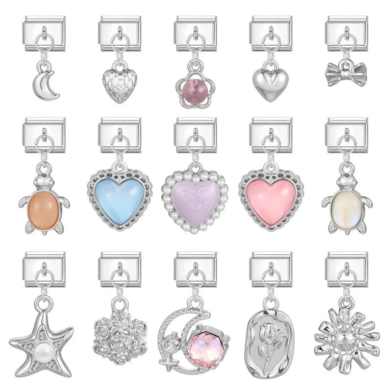 New Original Colored Crystal Turtle Moon Heart Italian Charm Stainless Steel Link Fit 9mm Modular Bracelet DIY Jewelry Wholesale Qme