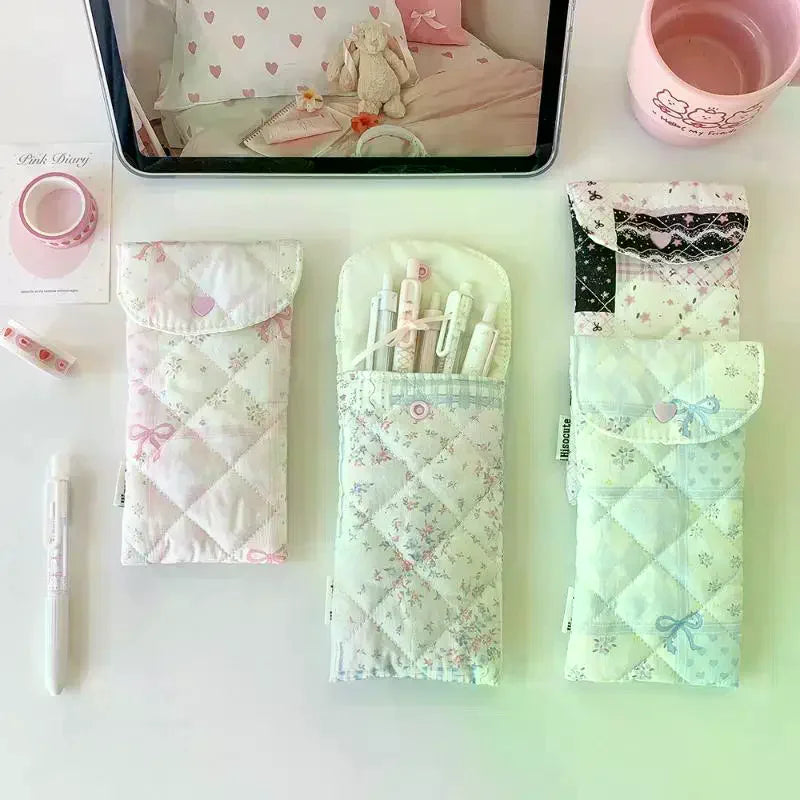 Fashion Floral Bow Snap Pen Bag Lightweight Stationery Organizer Qme