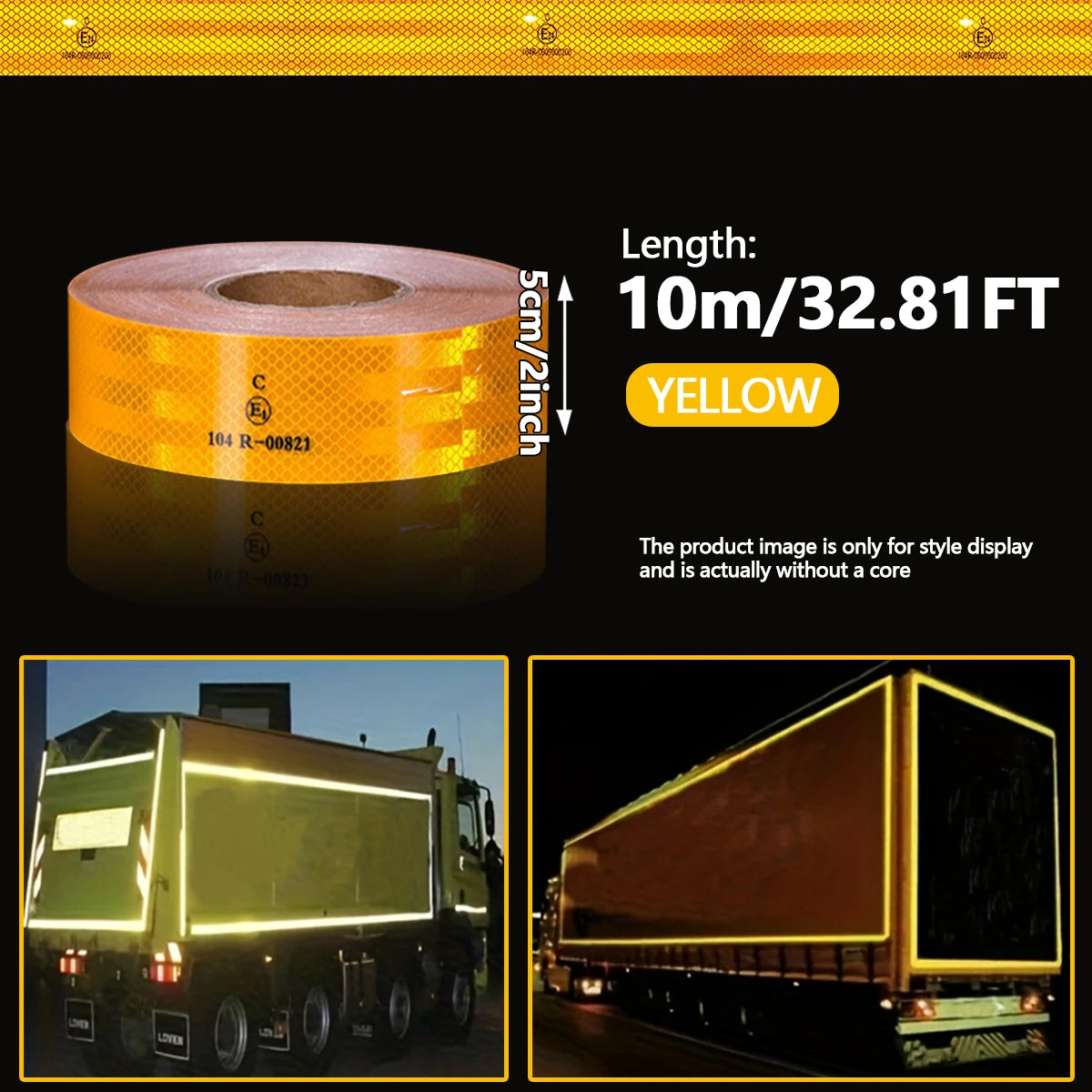 32.8FT 104R Reflective Safety Tape Reflective Tape Sticker Safety Mark Self-adhesive Warning Strip Retro-reflective Sheeting Qme Yellow 10mT