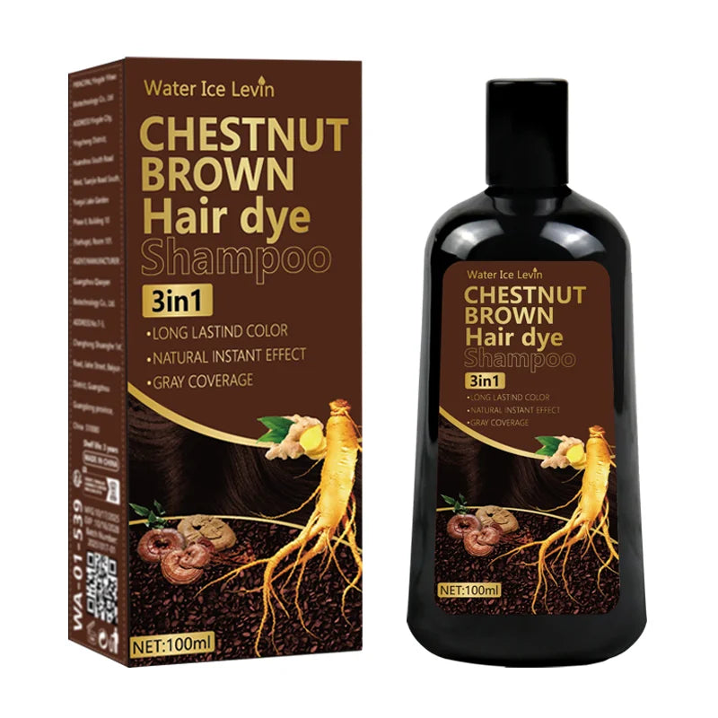 Water Ice Levin 3-in-1 Chestnut Brown Hair Dye Shampoo with Ginger & Ginseng for Instant Gray Coverage & Long-Lasting Color Qme Nourishing