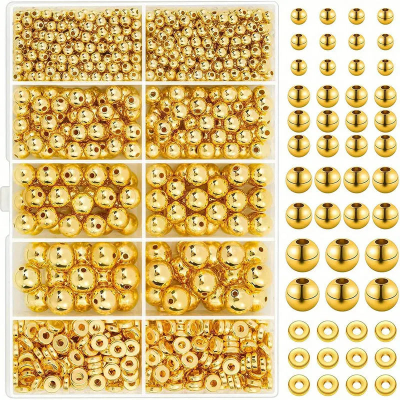 1000pcs Golden Spacer Beads Kit CCB Ball Round Smooth Loose Beads Kit For Bracelets Making Craft DIY Jewelry Making Supplies Qme Golden